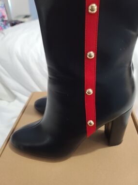 Black Mid-Calf Heel Boots with Red Ribbon Trim